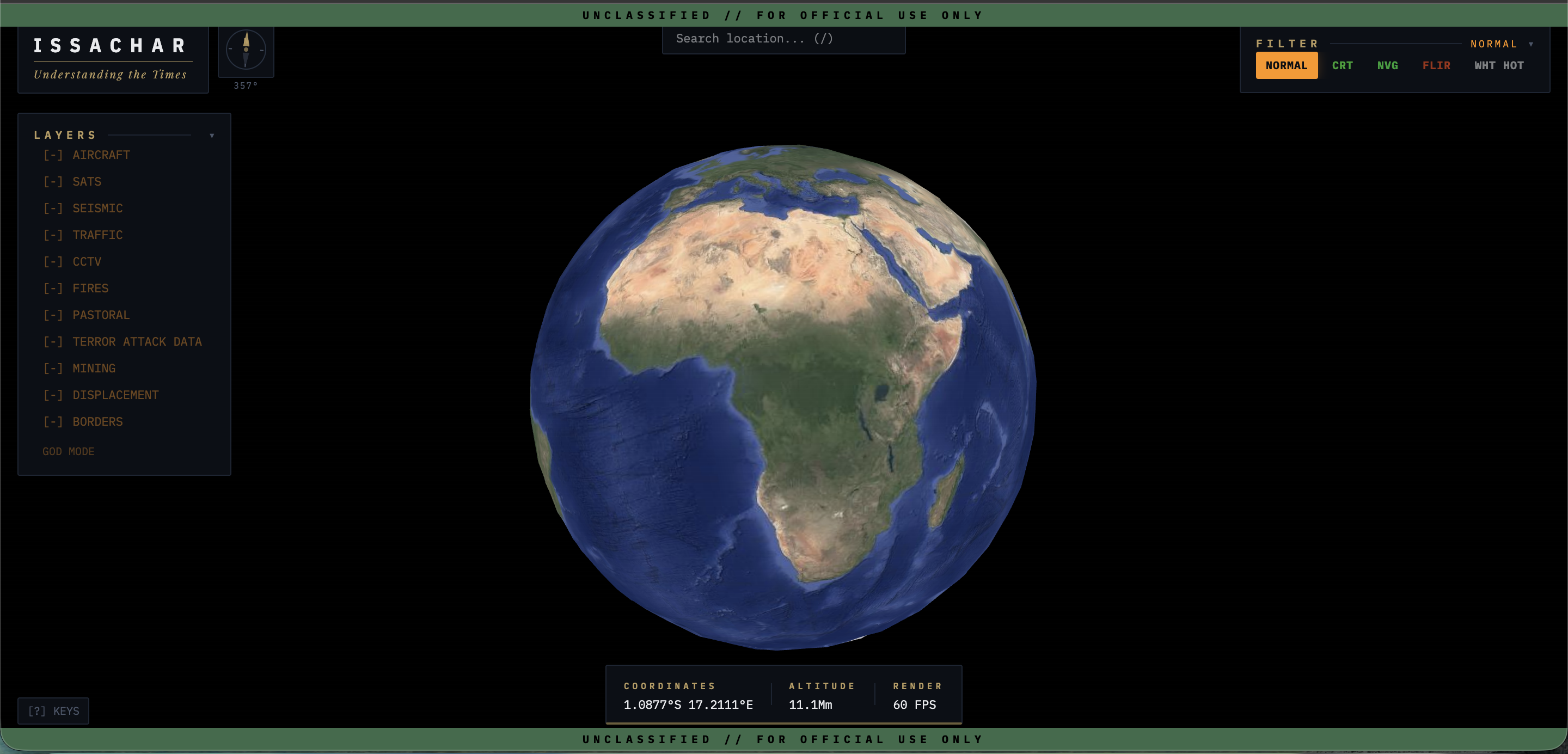 Overwatch interface showing the photoreal 3D globe centered on Africa, with the ISSACHAR sidebar listing data layers (aircraft, satellites, seismic, traffic, CCTV, fires, pastoral, terror attack data, mining, displacement, borders), classification banners, vision-mode selector, and a status bar reading 1.0877°S 17.2111°E · 11.1Mm altitude · 60 FPS.